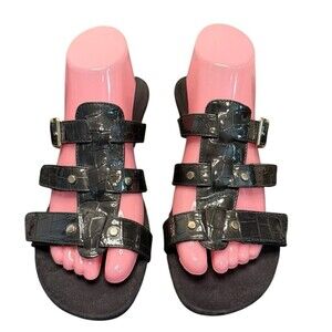 Vionic Wedge Sandals Womens Size 8 EU 39 Black Radia Croc Patent Comfort Slide